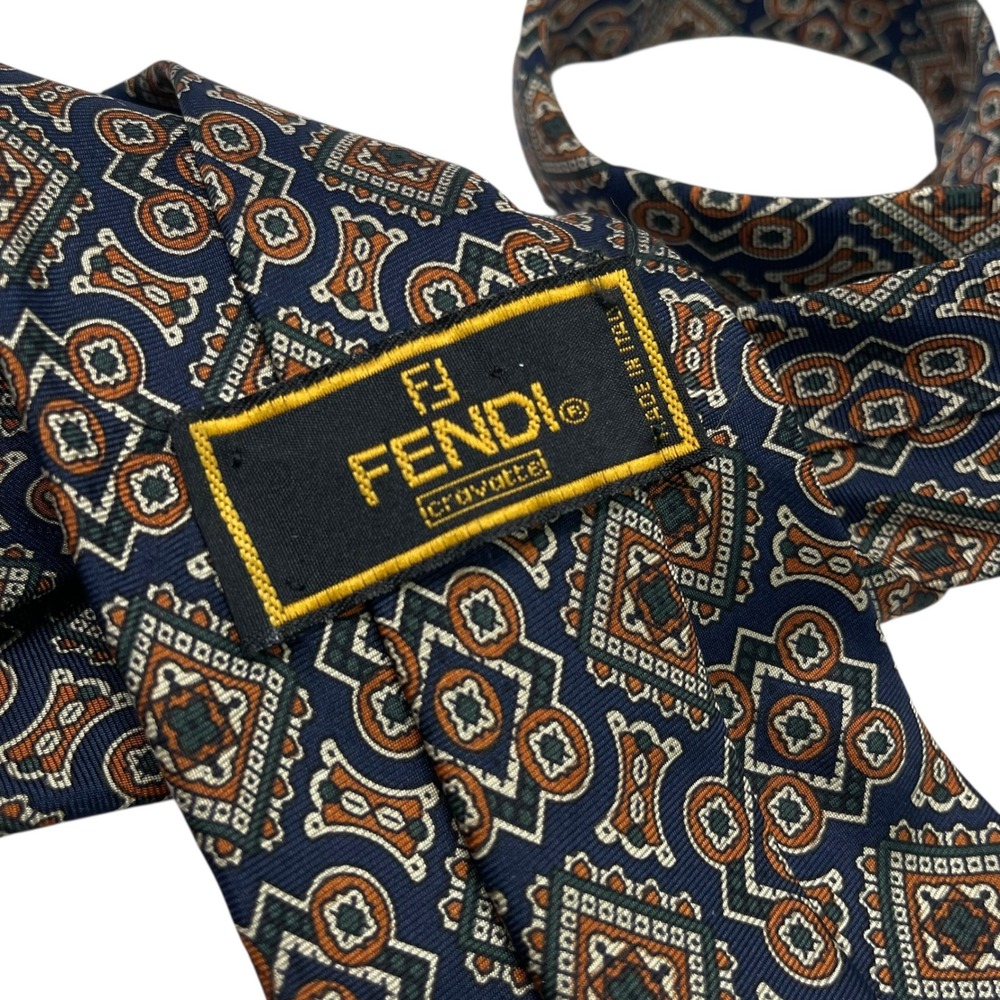 FENDI Cravatte Mens Silk Tie Navy Blue Orange‎ Geometric Medallion Made in Italy